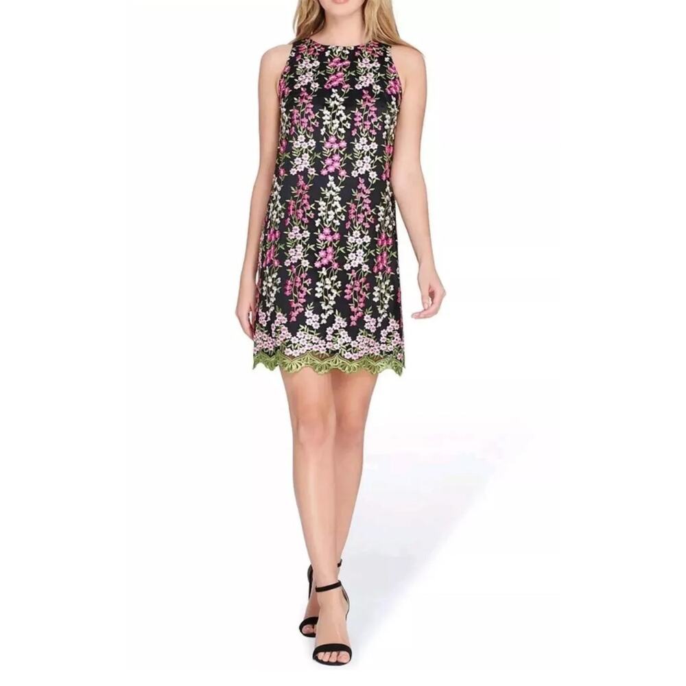 TAHARI ASL Black Magenta Floral Embroidered Sleeveless Shift Dress Plus Size 14